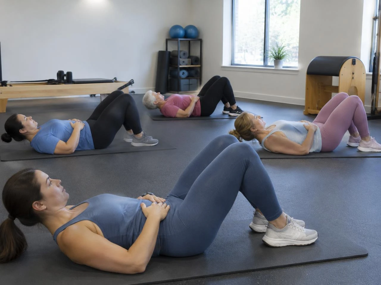 Group practicing mat core exercises in a bright gym